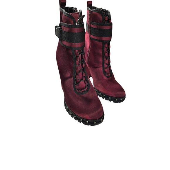 Burgundy Satin High-Heel Combat Boots Studded Soles Womens Size 7 - Picture 4 of 7